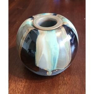 Handmade Round Half Glazed Ceramic Vase with Removable Bud Holder Teal Black